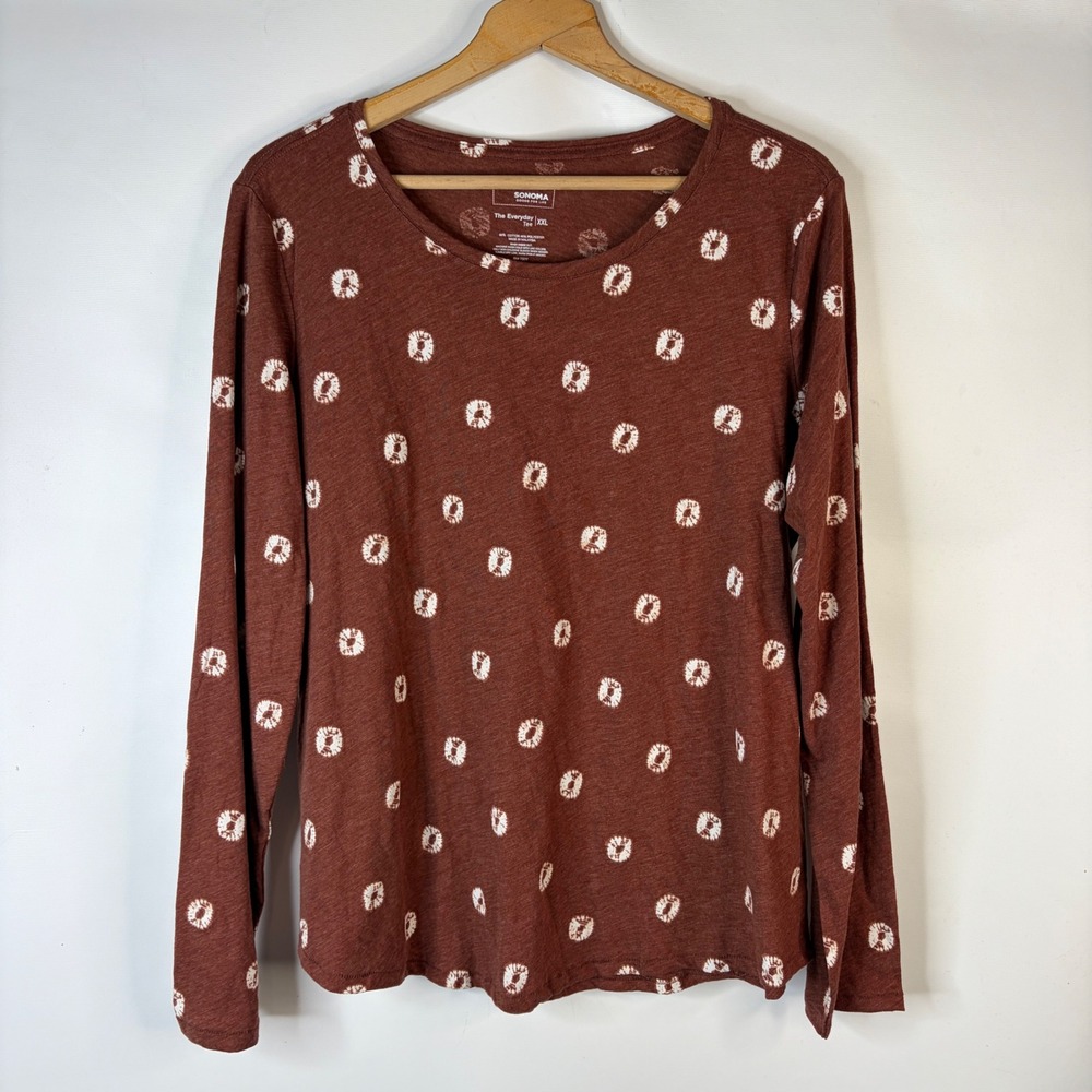 Sonoma The Everyday Tee Women XXL Brown Shibori Print Long Sleeve Crew Neck
